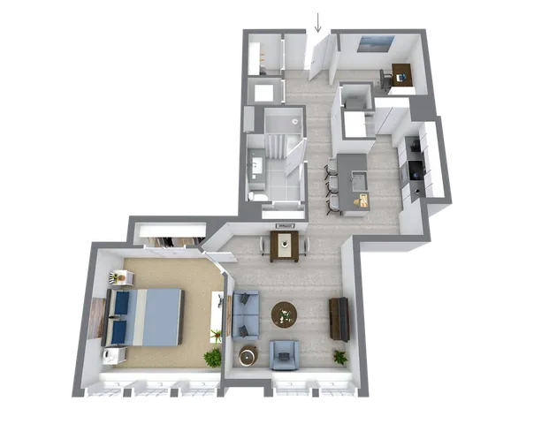 Modern 3D floor plan showcasing a spacious 1-bedroom apartment, featuring a stylish open-concept living and dining area with sleek kitchen counters, cozy living room with plush seating, elegant bathroom, and a dedicated office nook.