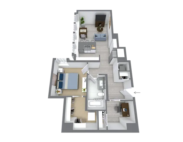 Modern apartment floor plan with one bedroom, open-concept living and dining area, sleek kitchen, and cozy office space.