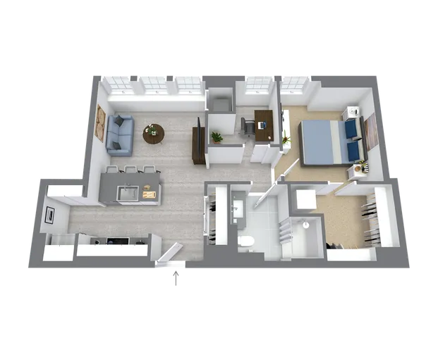 Modern 3D floor plan showcasing a cozy one-bedroom apartment with open-concept living room and kitchen, inviting natural light through large windows.