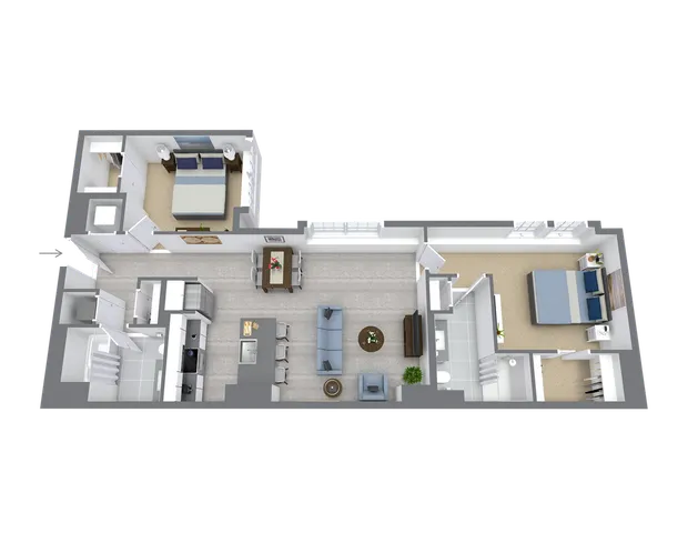 Chic 3D floor plan showcasing 2 spacious bedrooms, open living area, modern kitchen, and stylish dining space.