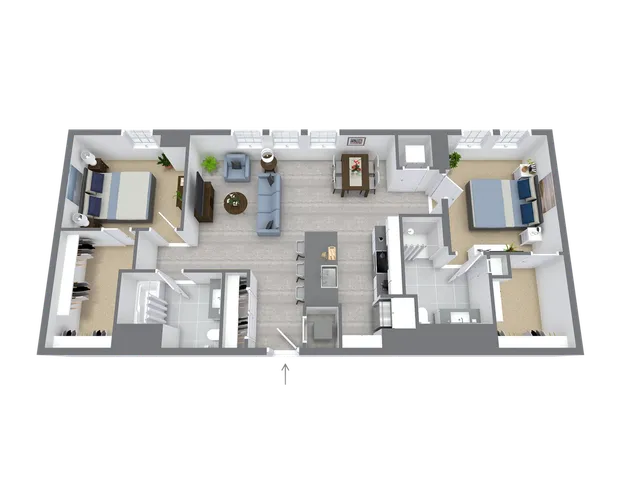 Modern 3D floor plan featuring 2 spacious bedrooms, open-concept living room, and a sleek kitchen design.