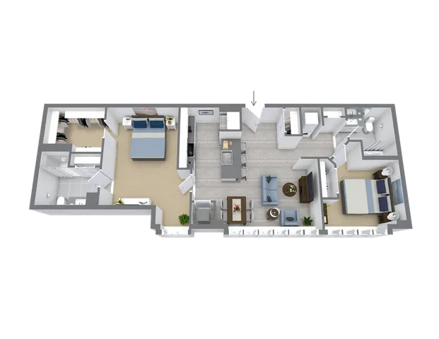 Modern 3D floor plan with two spacious bedrooms, stylish open-concept kitchen, and cozy living area, perfect for contemporary living.