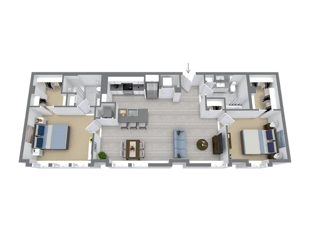 Modern 3D floor plan showcasing 2 spacious bedrooms, sleek open-concept kitchen with island, and inviting living area.