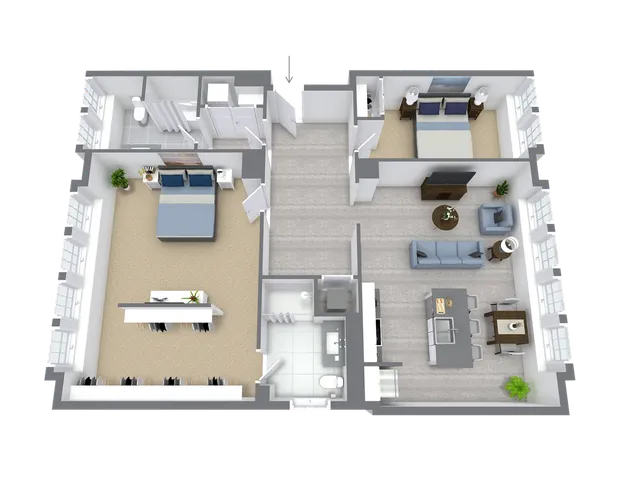 Inviting 3D floor plan showcasing 2 spacious bedrooms, a modern open-concept living room, and a sleek kitchen with dining area.