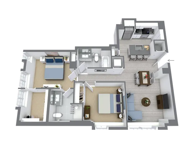 Modern 3D floor plan with two bedrooms, a sleek kitchen, and a welcoming living area, perfect for comfortable living.