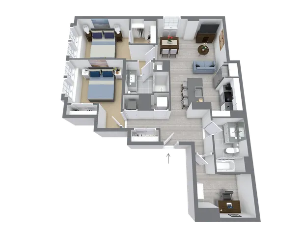 Modern 3D floor plan showcasing two bright bedrooms, a sleek kitchen with island seating, and a cozy open-concept living and dining area.