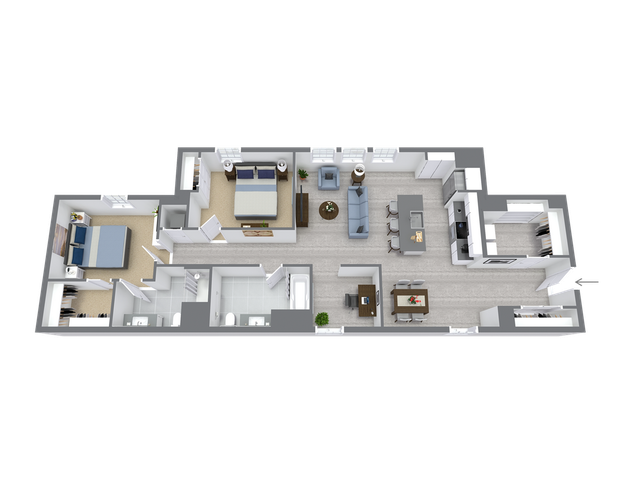 Modern 3D floor plan showcasing 3 elegant bedrooms, open-concept living and dining area, and a sleek kitchen with island seating.