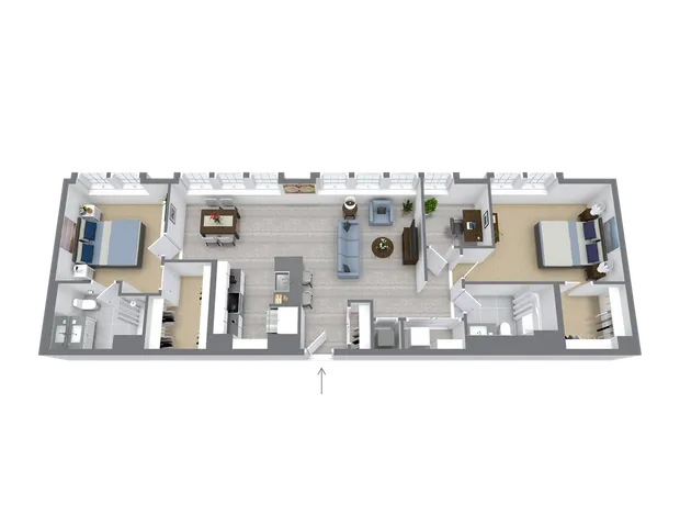Modern 3D floor plan showcasing a spacious layout with two bedrooms, a contemporary living area, functional kitchen, and cozy dining space.