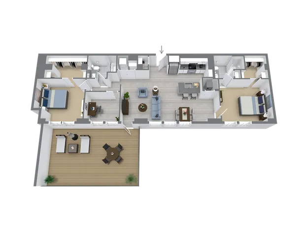 Modern 3D floor plan with three spacious bedrooms, open living and dining area, and elegant outdoor patio.
