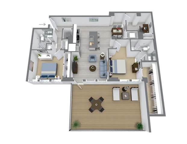 Spacious apartment floor plan showcasing 2 bedrooms, a cozy living room, modern kitchen, and expansive outdoor deck.