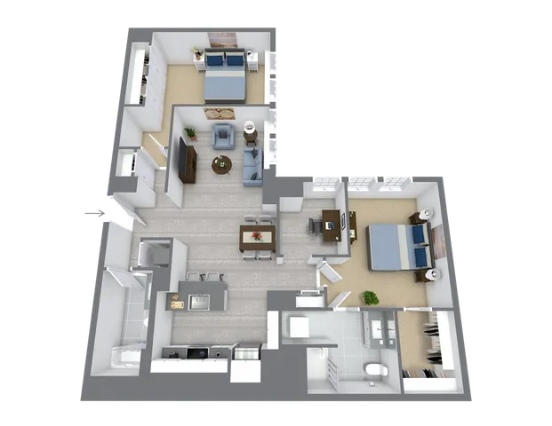 Modern 3D floor plan featuring two spacious bedrooms, a cozy living area, open kitchen, and two sleek bathrooms. Ideal for comfortable living.