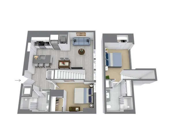 Modern 3D floor plan displaying two cozy bedrooms, an open kitchen with breakfast bar, and a stylish living room, ideal for relaxation and entertaining.