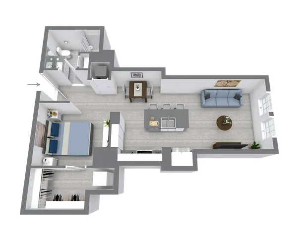 Modern 3D floor plan showcasing a cozy 1-bedroom apartment with an open-concept kitchen, inviting living space, and stylish bathroom.