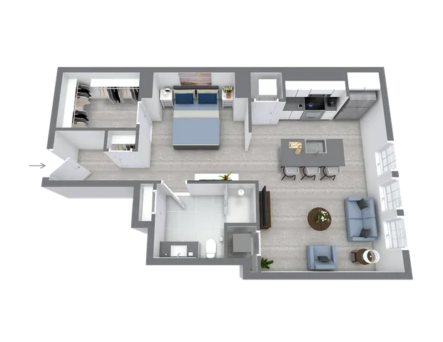 Chic apartment floor plan featuring a spacious bedroom, modern kitchen with island, inviting living area, and stylish bathroom.