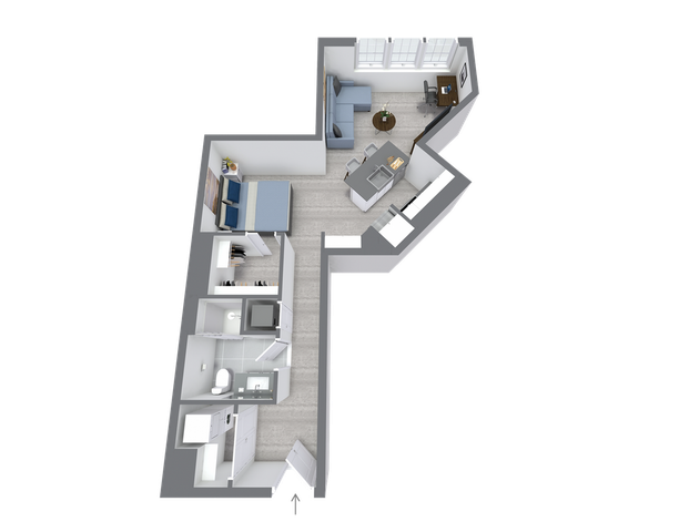 Contemporary 3D floor plan showcasing a stylish 1-bedroom apartment with open concept living and dining areas, sleek kitchen, and spacious bathroom.