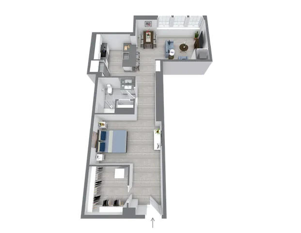 Elegant L-shaped floor plan featuring a cozy bedroom, modern kitchen, spacious living room, and stylish bathroom.