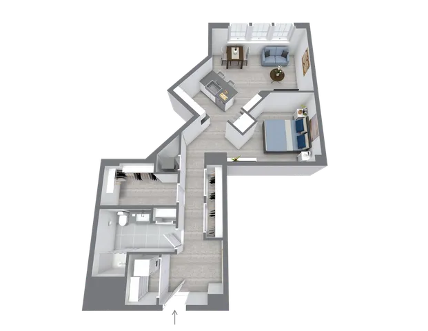 Modern 3D floor plan showcasing a chic apartment with a spacious bedroom, stylish living area, and contemporary kitchen.