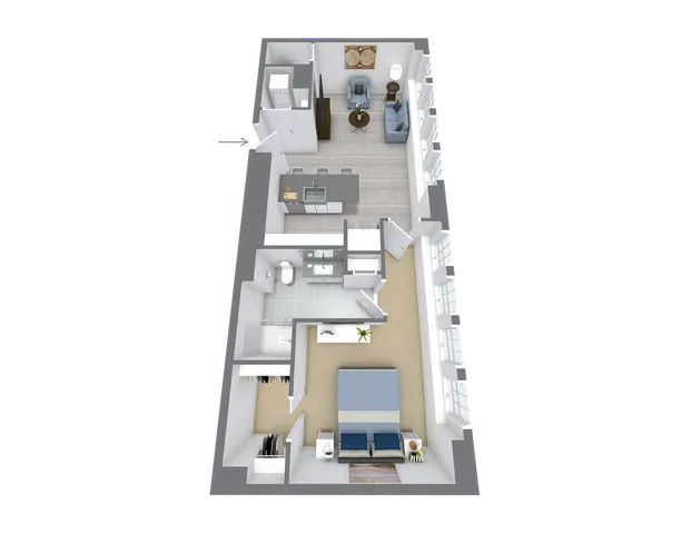 Modern 3D floor plan showcasing a cozy living room, a compact kitchen, a spacious bedroom with natural light, and a stylish bathroom.