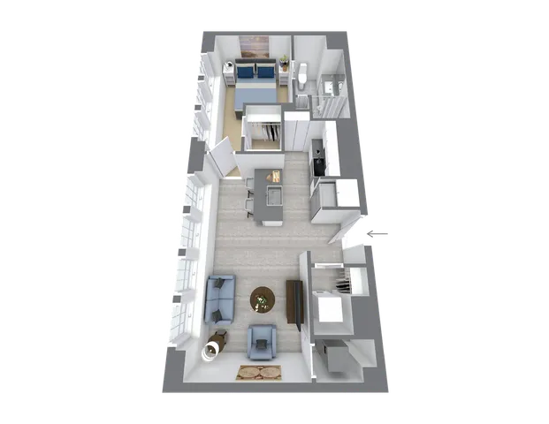 Modern 2D floor plan showcasing a stylish apartment with a bedroom, spacious living area, sleek kitchen, and elegant bathroom layout.