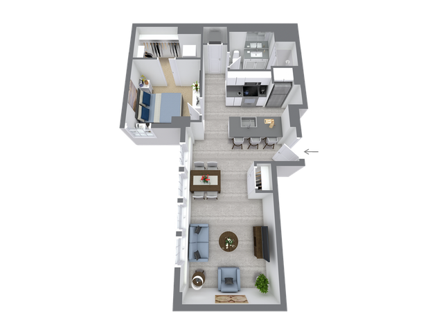 Elegant 3D floor plan showcasing a modern apartment with one bedroom, open-plan living and dining area, sleek kitchen, and luxurious bath, perfect for stylish city living.