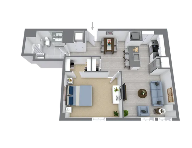 Modern 3D floor plan featuring a spacious bedroom, open-concept living and dining area, sleek kitchen with bar seating, and a stylish bathroom.
