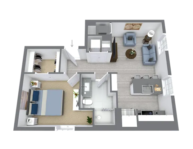 Modern 3D floor plan showcasing a cozy bedroom, open-concept living space, dining area, and sleek kitchen.