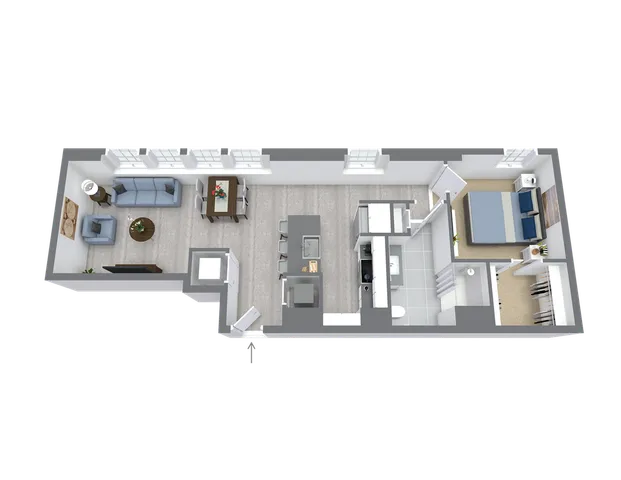 Modern 3D apartment floor plan featuring a chic open-concept living room, a sleek kitchen with bar seating, a stylish bedroom, and a spacious bathroom.