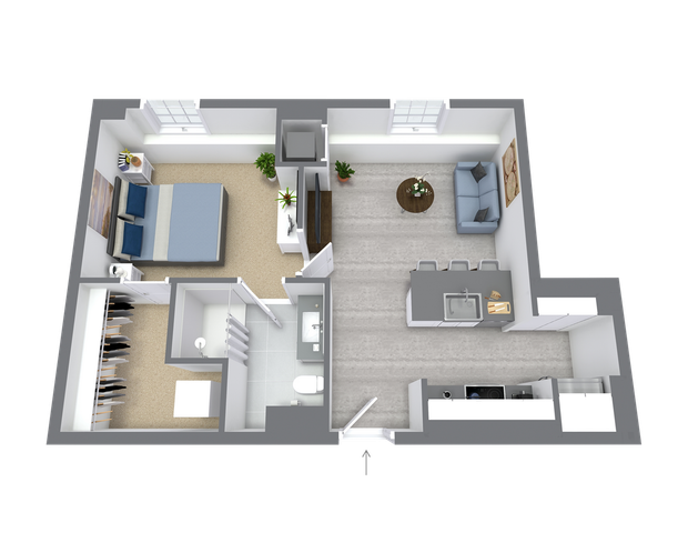 Modern 3D floor plan displaying a cozy one-bedroom apartment with a spacious open-concept living area, sleek kitchen island, and a stylish bathroom.