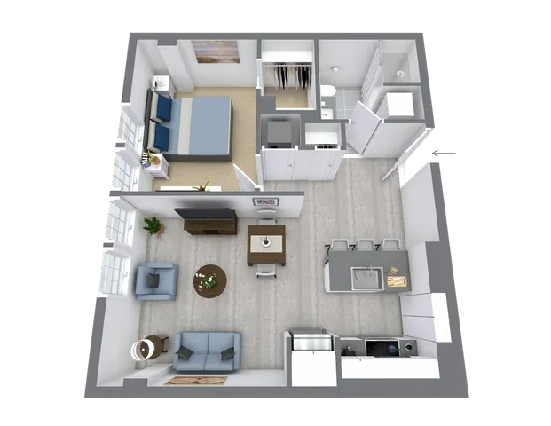 Modern 3D floor plan showcasing one-bedroom apartment with open-concept living area, stylish kitchen with island, and elegant bathroom.