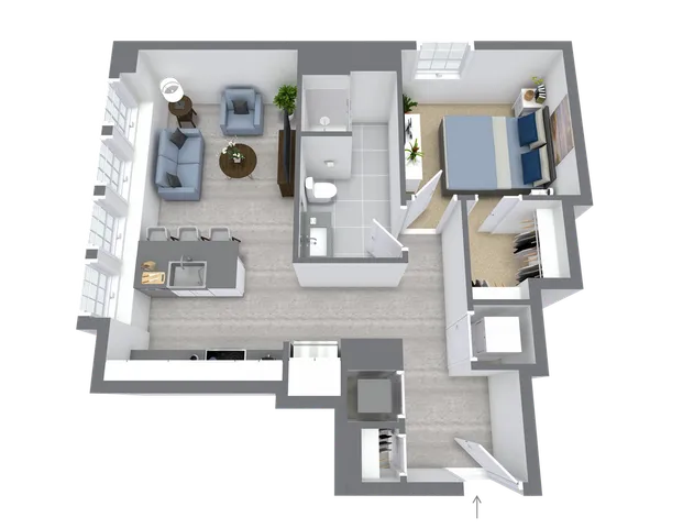 Modern 3D floor plan showcasing an elegant living room, spacious kitchen with island, and a cozy bedroom. Sleek layout with stylish interior design, perfect for comfortable living.
