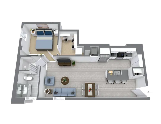 Contemporary 3D floor plan showcasing a spacious one-bedroom layout with a sleek modern kitchen, open-concept living and dining area, and a stylish bathroom.