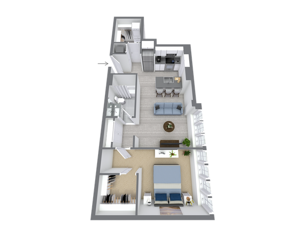 Chic 3D floor plan with a spacious bedroom, modern kitchen, and inviting living area, perfect for stylish urban living.