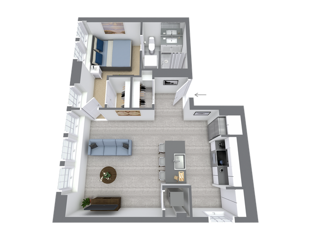 Modern 3D floor plan showcasing a cozy 1-bedroom apartment with a stylish open-concept living area, sleek kitchen, and well-designed bathroom.