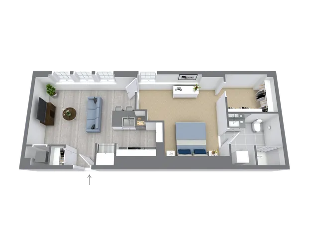 Modern 3D floor plan showcasing a 1-bedroom apartment with open living space, sleek kitchen, and contemporary bathroom.