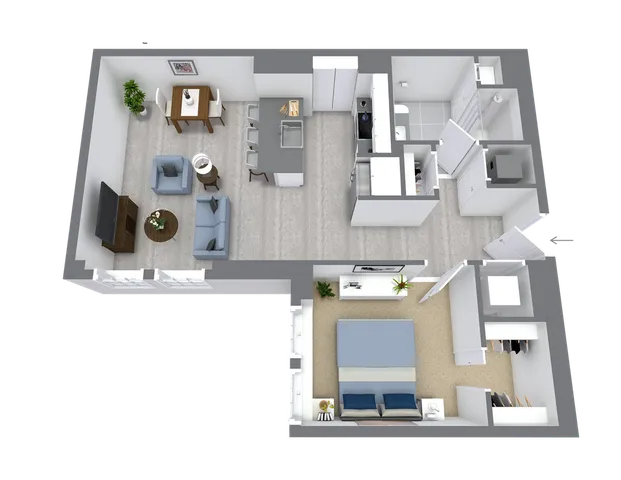 Modern floor plan showcasing a spacious 1-bedroom apartment with open living area, sleek kitchen with island, and elegant bathroom.