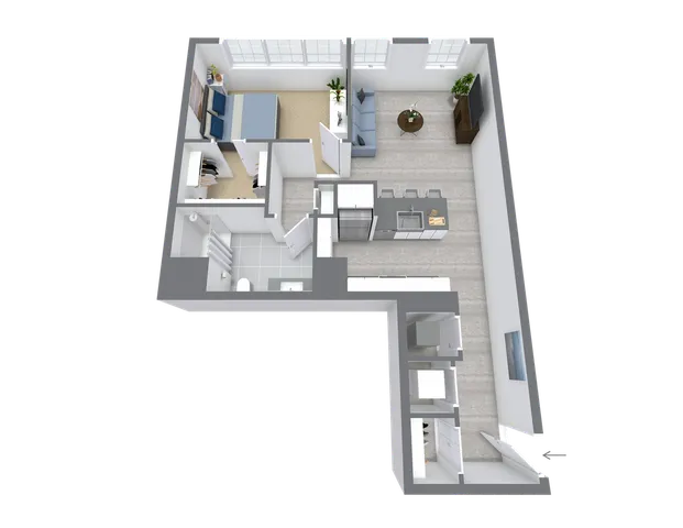 Elegant 3D floor plan showcasing a spacious 1-bedroom apartment with an open-concept living area, modern kitchen, and cozy bathroom.
