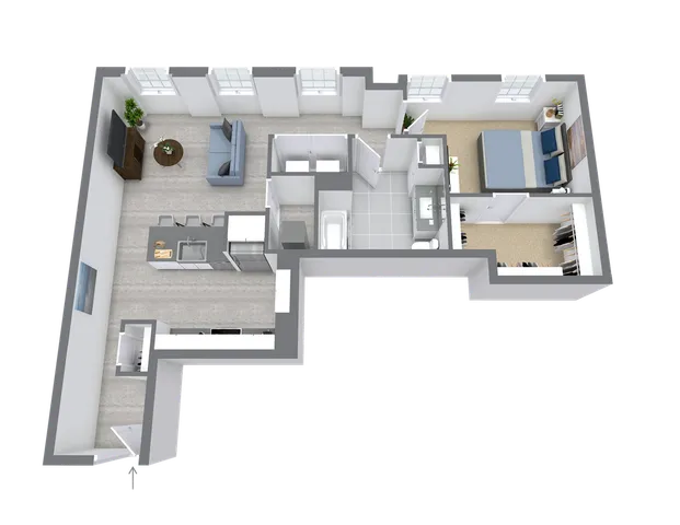 Chic 3D floor plan showcasing a modern one-bedroom apartment with an open-concept living area, stylish kitchen with island seating, and a spacious bathroom.