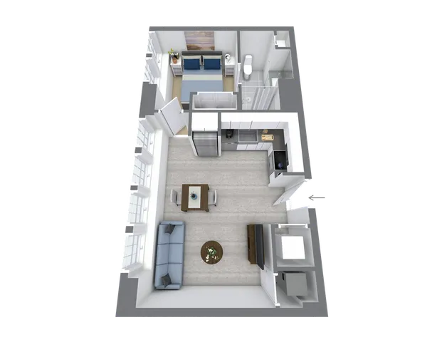 Elegant 3D floor plan showcasing a modern apartment with a cozy bedroom, stylish living area, and a functional kitchen.