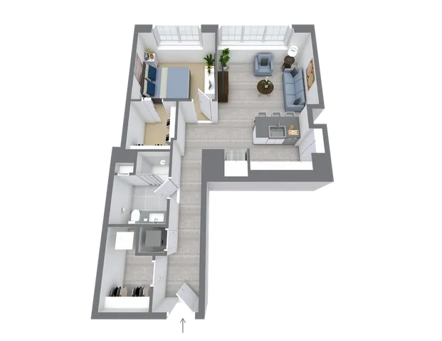 Modern 3D floor plan featuring 1 bedroom, an inviting living room, sleek kitchen, and stylish bathroom.