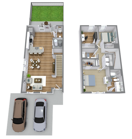 Modern 3D floor plan depicting a stylish two-level townhome with a spacious living area, open kitchen, three bedrooms, and an outdoor patio, including a convenient two-car driveway