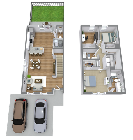 Modern 3D floor plan depicting a stylish two-level townhome with a spacious living area, open kitchen, three bedrooms, and an outdoor patio, including a convenient two-car driveway