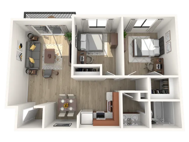 Modern 2-bedroom apartment floor plan with a cozy living room, open dining area, and sleek kitchen. Features spacious bedrooms with stylish decor and a well-equipped bathroom.