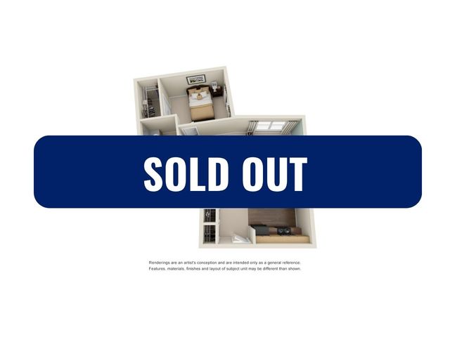 3D apartment rendering showcasing a modern bedroom and cozy living area, labeled as \'Sold Out\'.