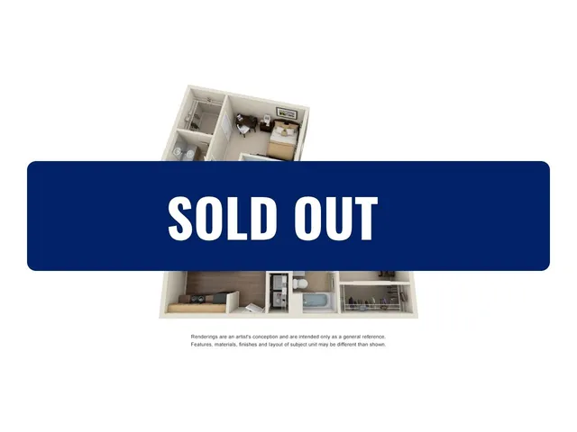 3D apartment floor plan showcasing two cozy bedrooms, a modern bathroom, an open living area, and a compact kitchen. Overlaid with a \'Sold Out\' banner, highlighting the popularity of this inviting space.