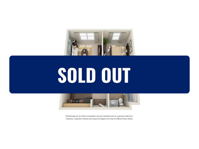 Charming 3D apartment layout with two cozy bedrooms, a modern open-concept living space, and a fully-equipped kitchen, now sold out.