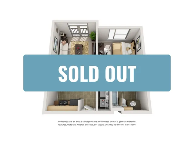 Charming 3D apartment layout featuring a cozy living room, modern kitchen, two inviting bedrooms, and stylish bathroom, now sold out.