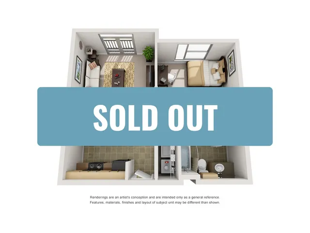 Charming 3D floor plan with one bedroom, cozy living area, efficient kitchen, and modern bathroom, marked as sold out.