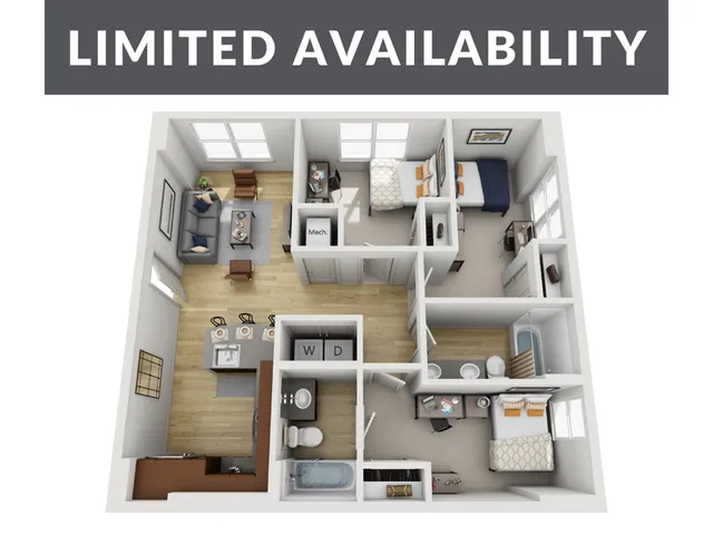 Charming 3D floor plan with 2 bedrooms, inviting living area, modern kitchen, and bathroom; limited availability.