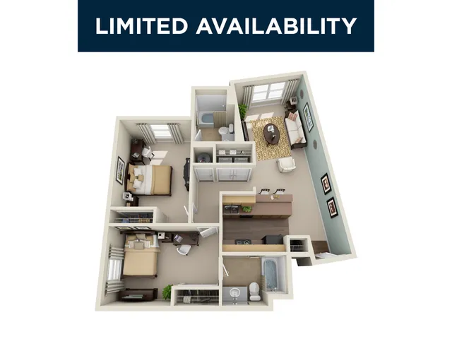 Modern 3D floor plan showcasing limited availability apartment with 2 bedrooms, cozy living area, stylish kitchen, and 2 bathrooms.