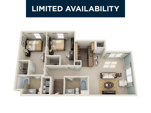 Chic 3D floor plan showcasing 2 cozy bedrooms, modern kitchen, stylish living area, and sleek bathrooms. Limited availability.